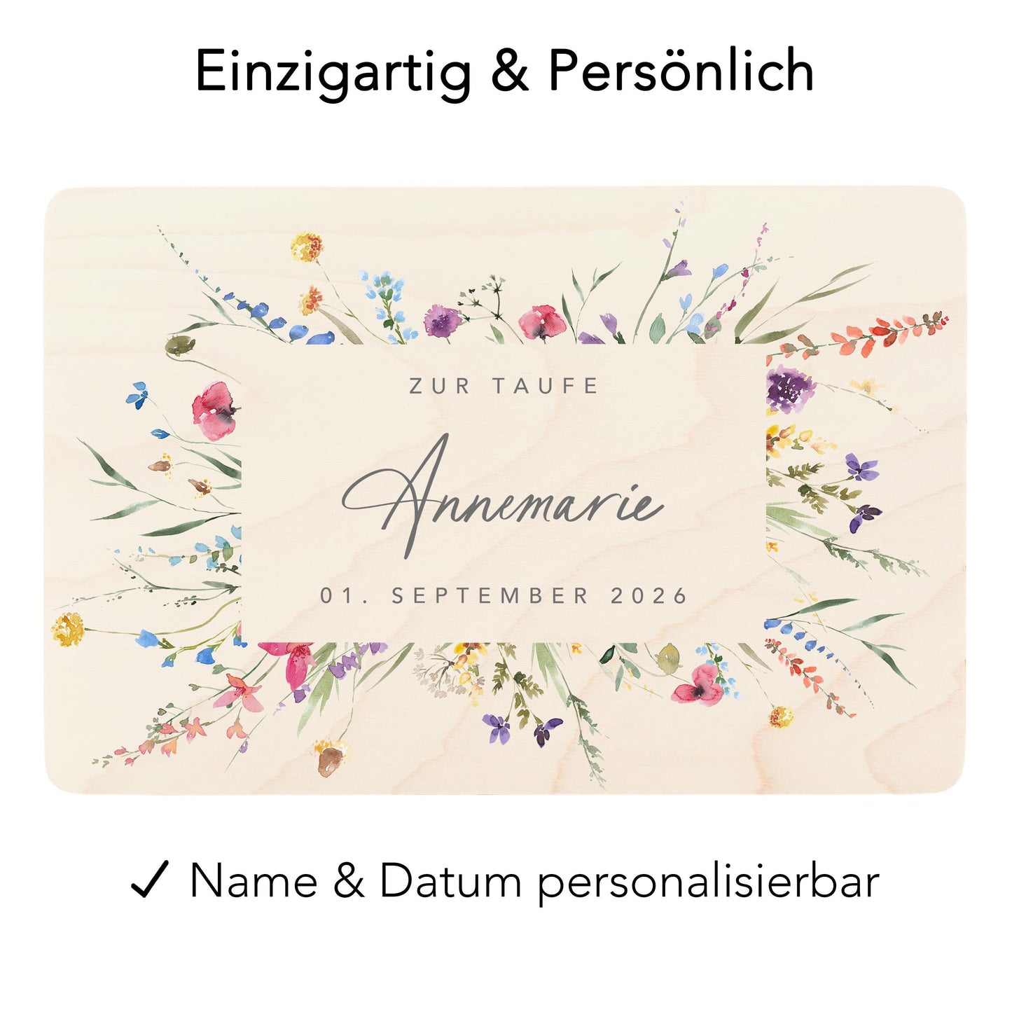 Erinnerungskiste Taufe Geschenk personalisiertes Taufgeschenk Mädchen Wildblumen Taufbox Holzkiste mit Deckel Holzbox 30x20x13 cm