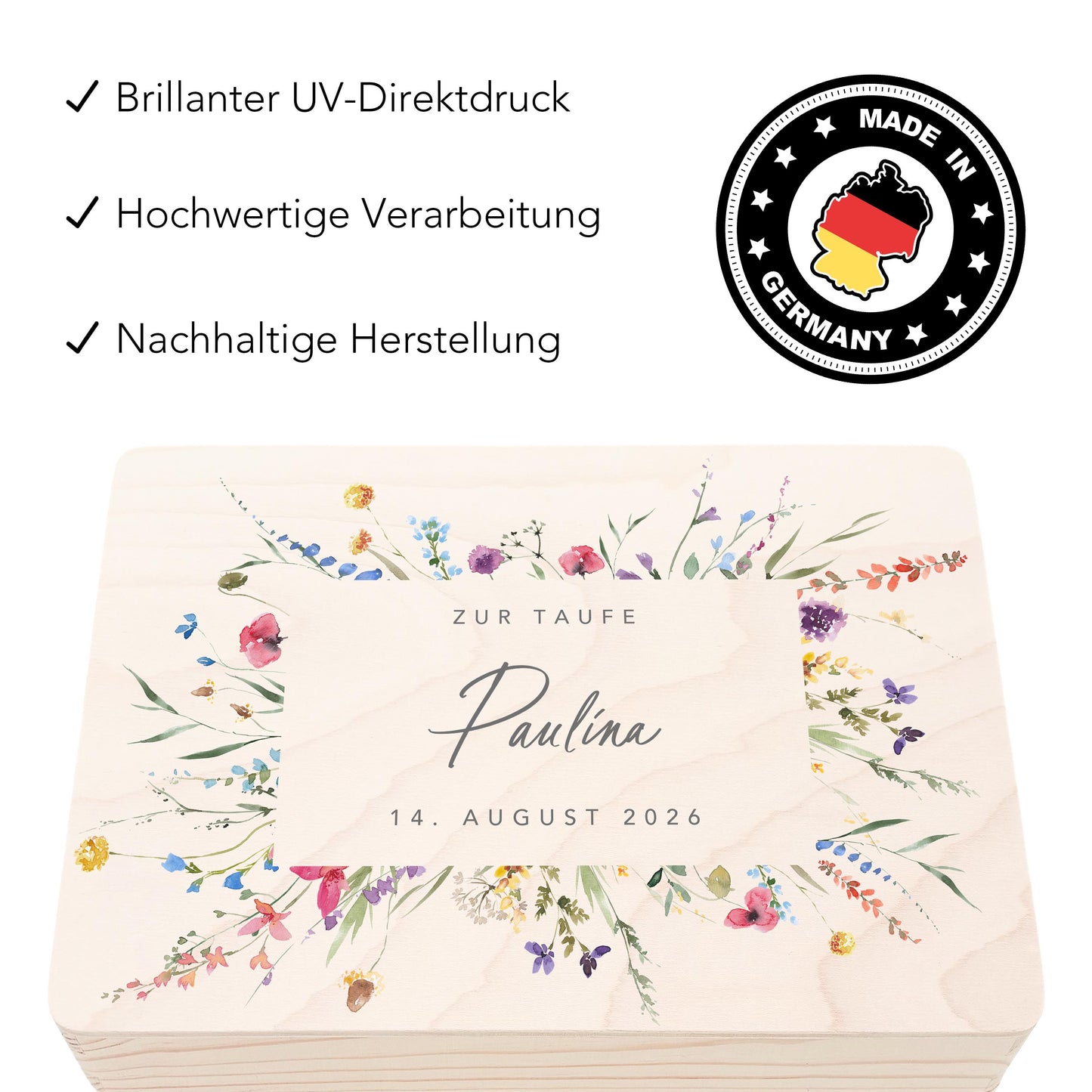 Erinnerungskiste Taufe Geschenk personalisiertes Taufgeschenk Mädchen Wildblumen Taufbox Holzkiste mit Deckel Holzbox 30x20x13 cm