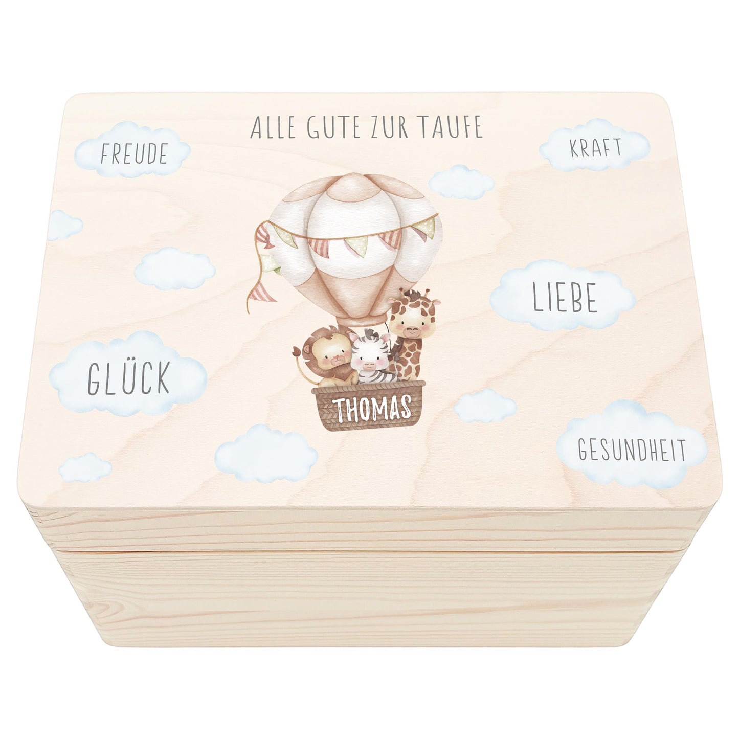 Erinnerungskiste Taufe Geschenk personalisiertes Taufgeschenk Junge Mädchen Heißluftballon Taufbox Holzkiste mit Deckel Holzbox 30x20x13 cm