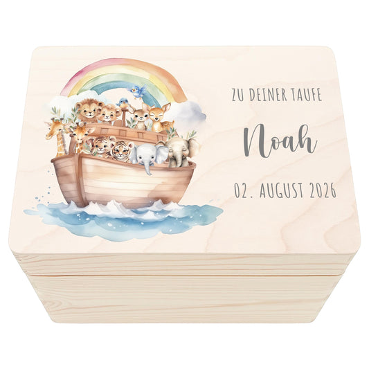 Taufgeschenk Junge Mädchen Erinnerungskiste Taufe Geschenk personalisierte Arche Noah Taufbox Holzkiste mit Deckel Holzbox 30x20x13 cm