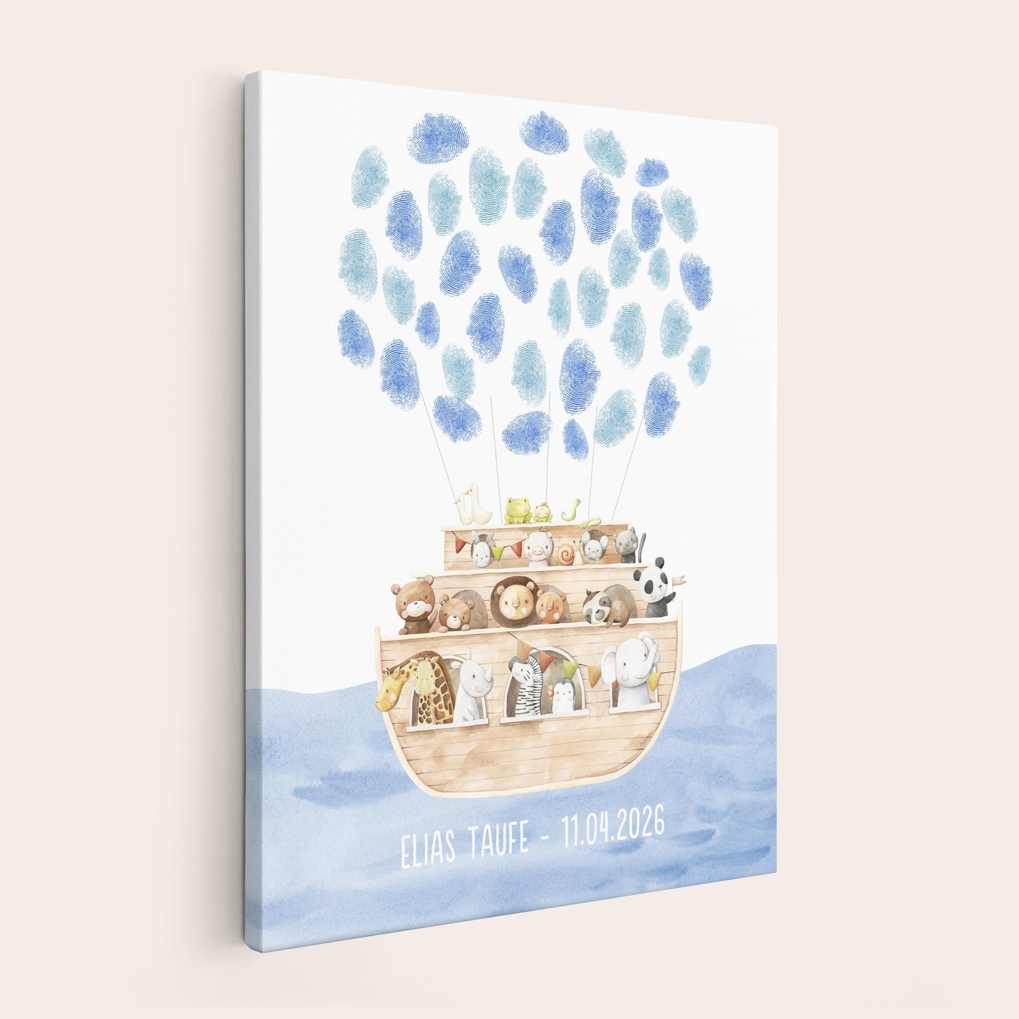 Gästebuch Taufe Gästebild Taufgeschenk personalisierte Leinwand für Fingerabdrücke Arche Noah Geschenk Erinnerung 30x40 cm (OHNE Farbe)