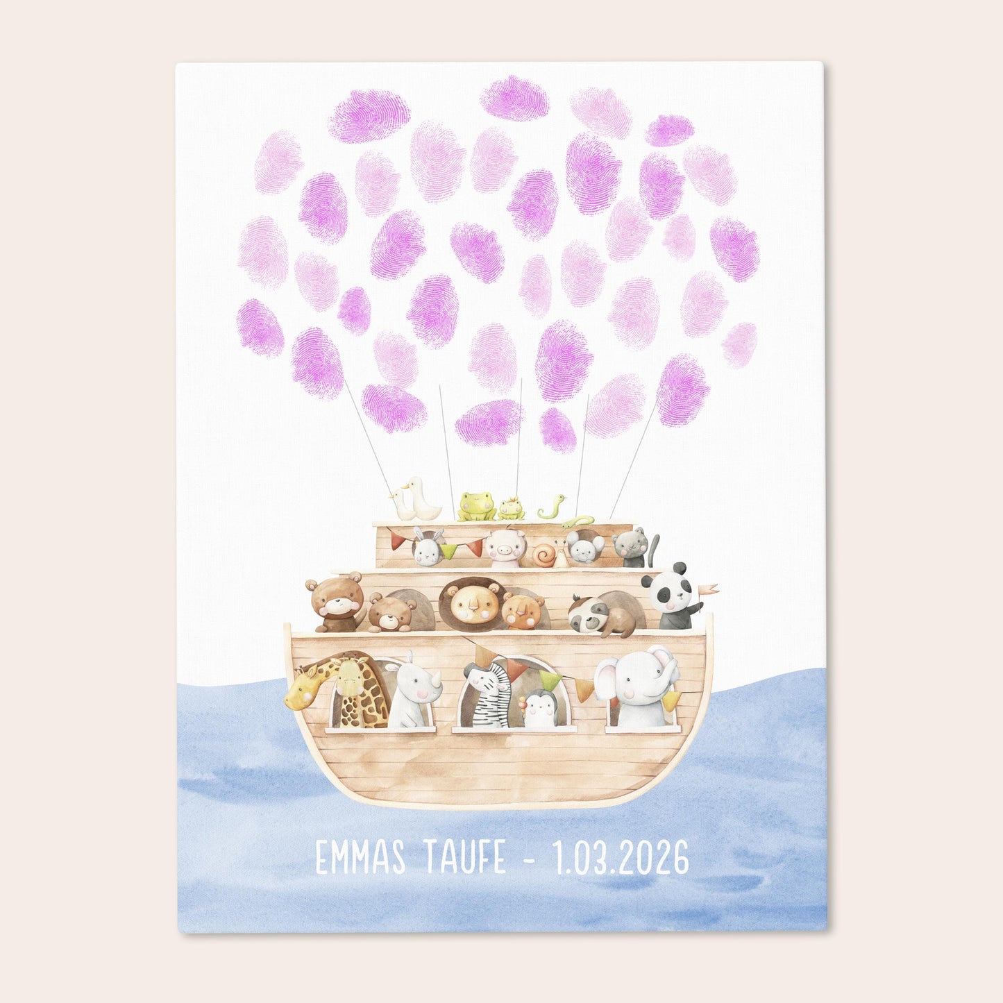 Gästebuch Taufe Gästebild Taufgeschenk personalisierte Leinwand für Fingerabdrücke Arche Noah Geschenk Erinnerung 30x40 cm (OHNE Farbe)