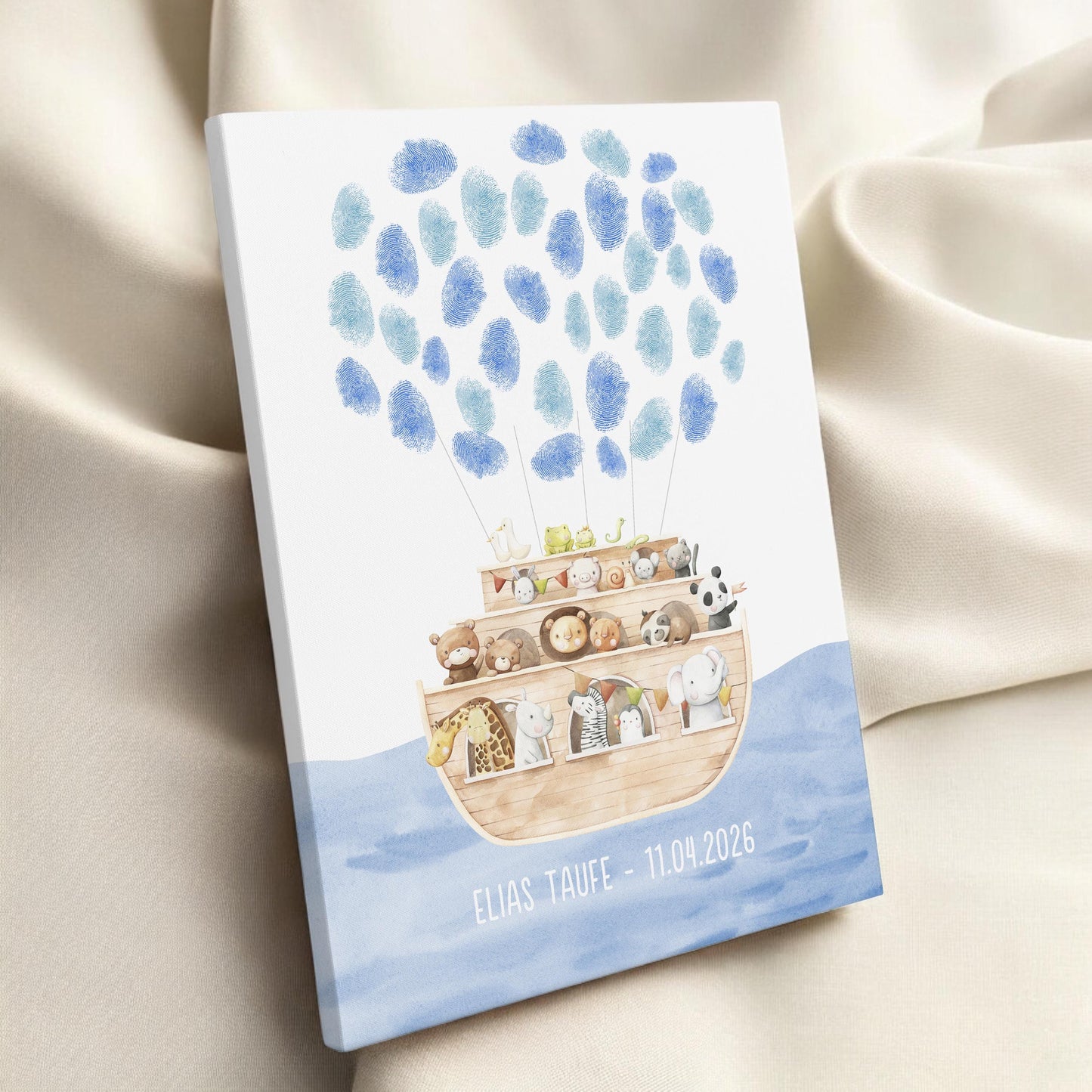 Gästebuch Taufe Gästebild Taufgeschenk personalisierte Leinwand für Fingerabdrücke Arche Noah Geschenk Erinnerung 30x40 cm (OHNE Farbe)