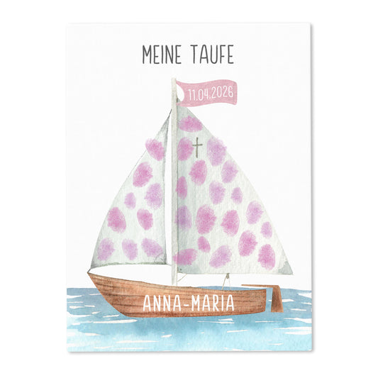 Taufgeschenk Gästebuch Taufe Gästebild personalisierte Leinwand für Fingerabdrücke Segelboot Geschenk Erinnerung 30x40 cm (OHNE Farbe)