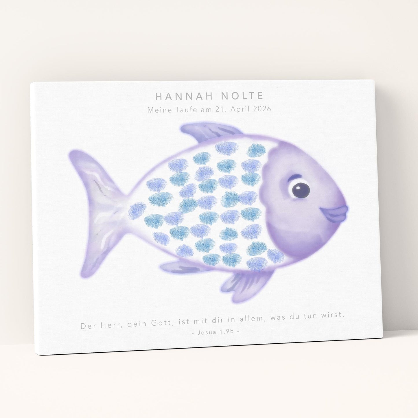 Gästebuch Taufe Gästebild Taufgeschenk personalisierte Leinwand für Fingerabdrücke Fisch Geschenk Erinnerung 30x40 cm (OHNE Farbe)