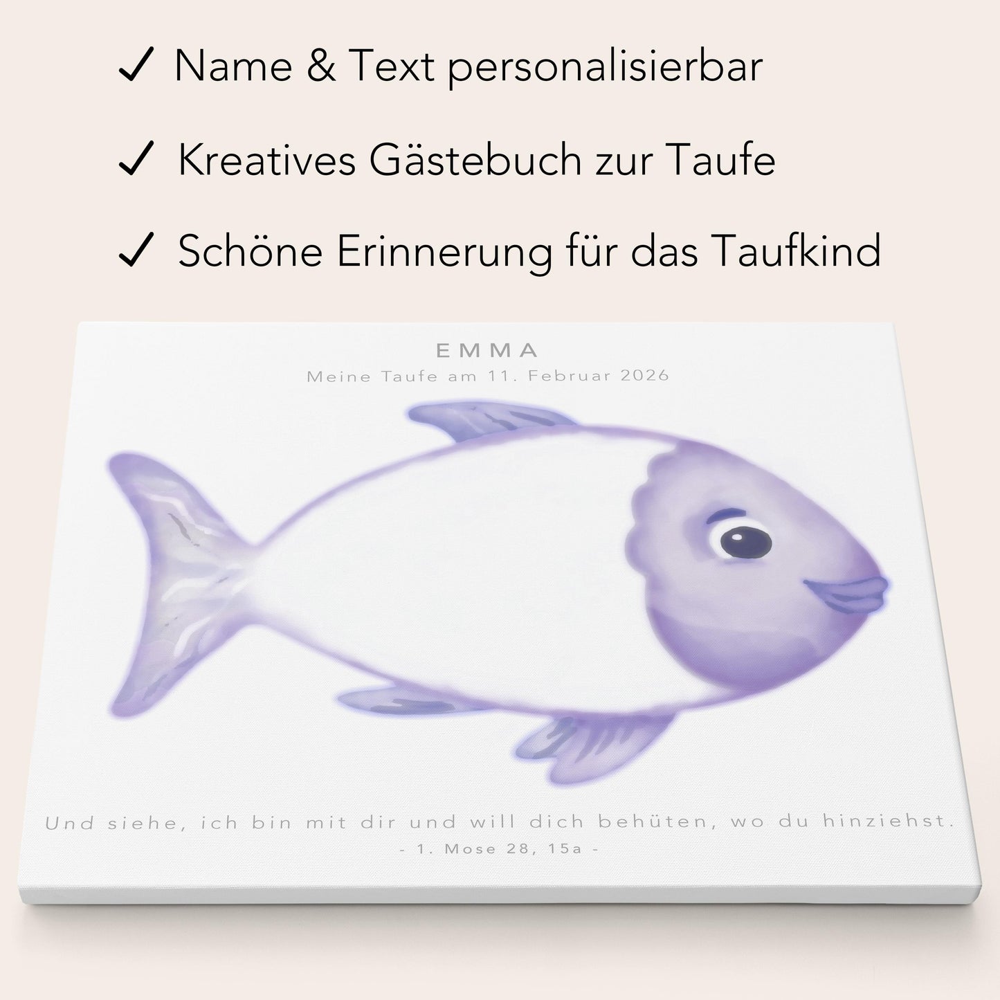 Gästebuch Taufe Gästebild Taufgeschenk personalisierte Leinwand für Fingerabdrücke Fisch Geschenk Erinnerung 30x40 cm (OHNE Farbe)