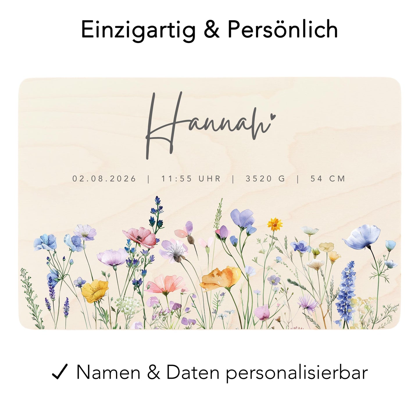 Erinnerungskiste Baby Mädchen Holzkiste personalisierte Erinnerungsbox Wildblumen Geschenk zur Geburt Geburtsgeschenk 30x20x13 cm