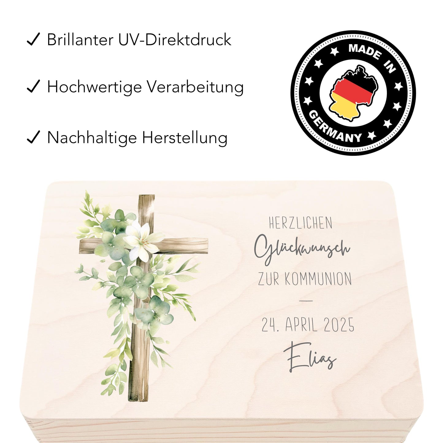 Erinnerungskiste Kommunion Erinnerungsbox Erstkommunion Mädchen Junge personalisierte Geschenk Holzkiste mit Deckel Holzbox 30x20x13 cm