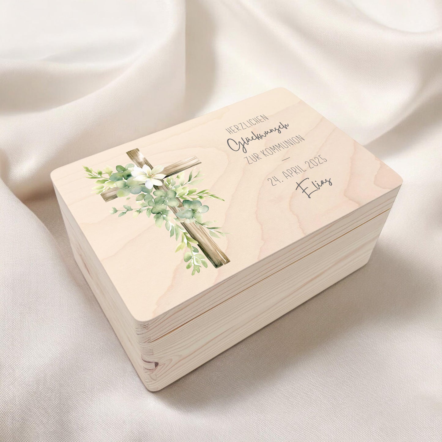 Erinnerungskiste Kommunion Erinnerungsbox Erstkommunion Mädchen Junge personalisierte Geschenk Holzkiste mit Deckel Holzbox 30x20x13 cm