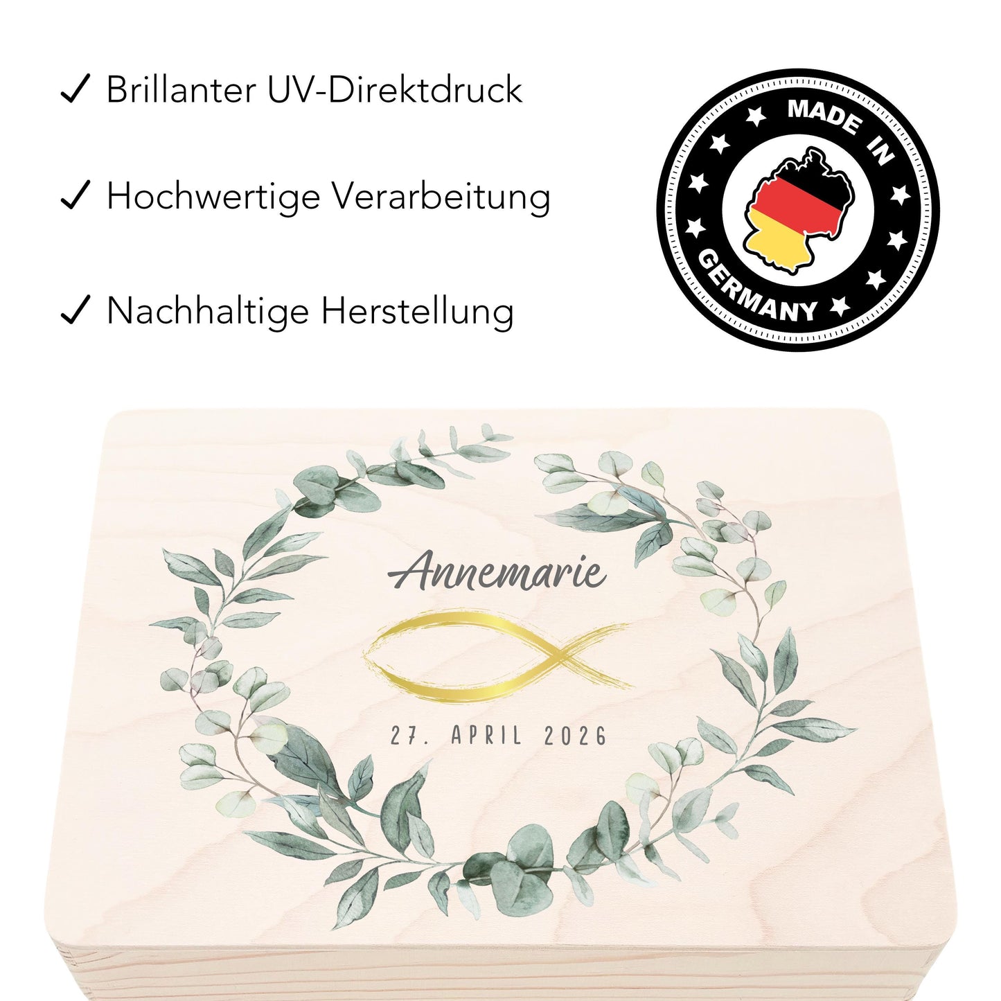 Erinnerungskiste Kommunion Geschenk personalisiert Erinnerungsbox Erstkommunion Mädchen Junge Holzkiste Holzbox 30x20x13 cm