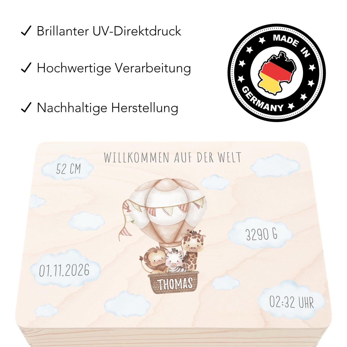 Erinnerungskiste Baby Holzkiste personalisierte Erinnerungsbox Mädchen Junge Geschenk Geburt Geburtsgeschenk 30x20x13 cm