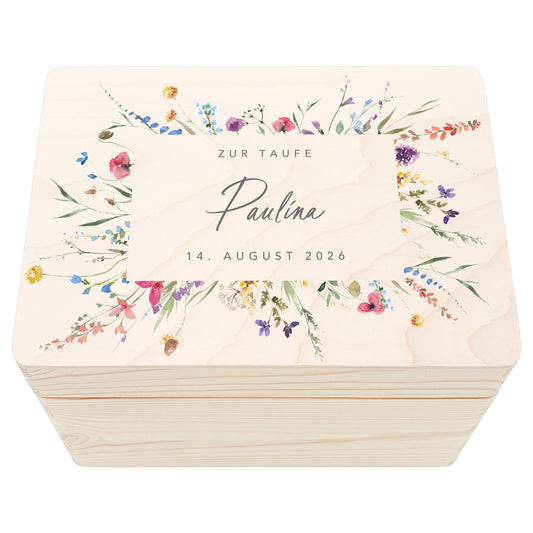 Erinnerungskiste Taufe Geschenk personalisiertes Taufgeschenk Mädchen Wildblumen Taufbox Holzkiste mit Deckel Holzbox 30x20x13 cm