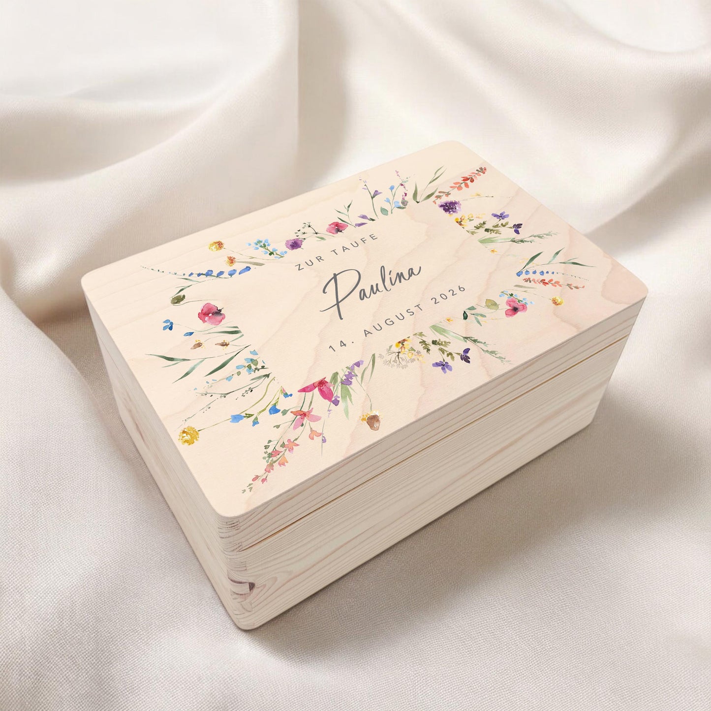 Erinnerungskiste Taufe Geschenk personalisiertes Taufgeschenk Mädchen Wildblumen Taufbox Holzkiste mit Deckel Holzbox 30x20x13 cm