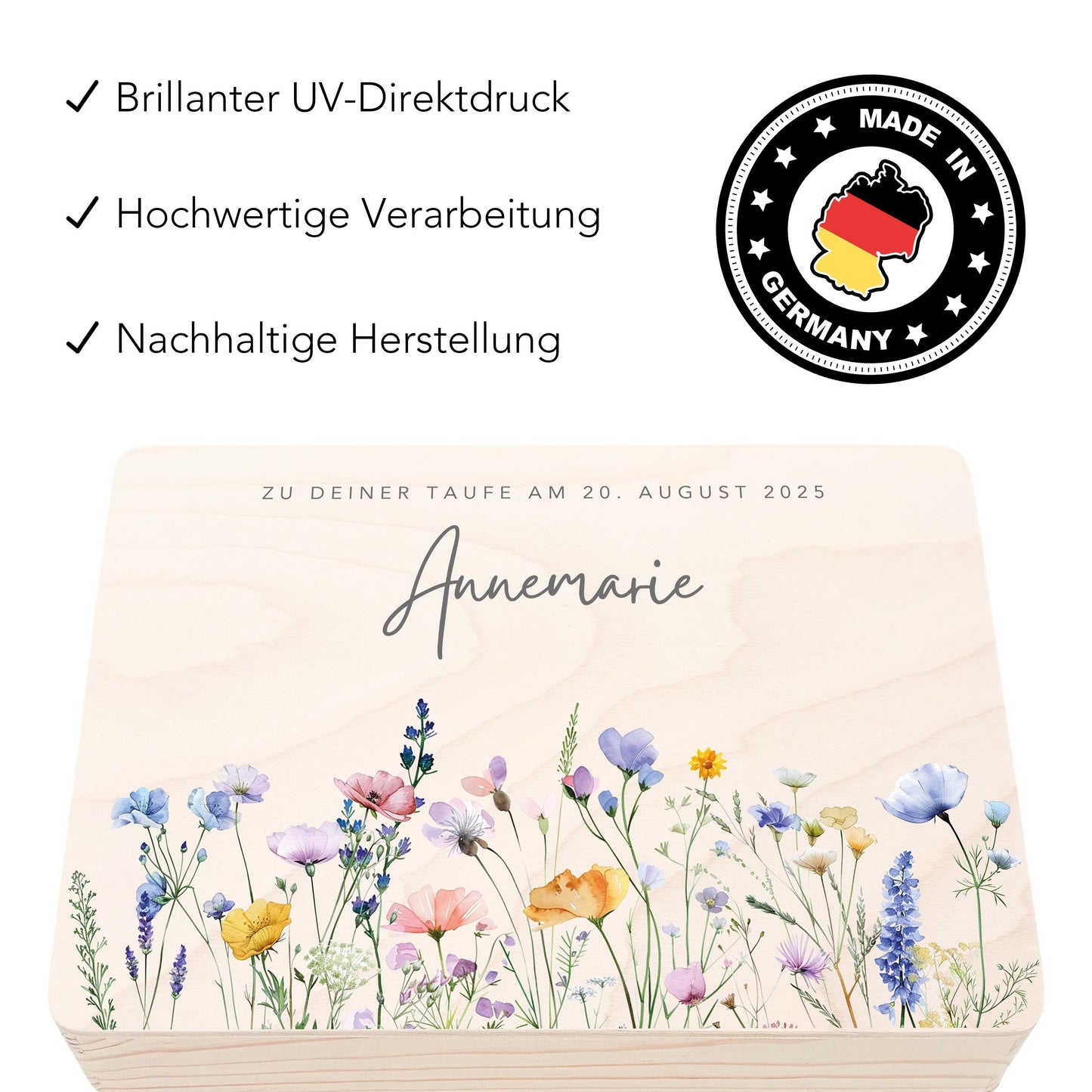 Taufgeschenk Mädchen Taufe Geschenk personalisierte Erinnerungskiste Wildblumen Taufbox Holzkiste mit Deckel Holzbox 30x20x13 cm