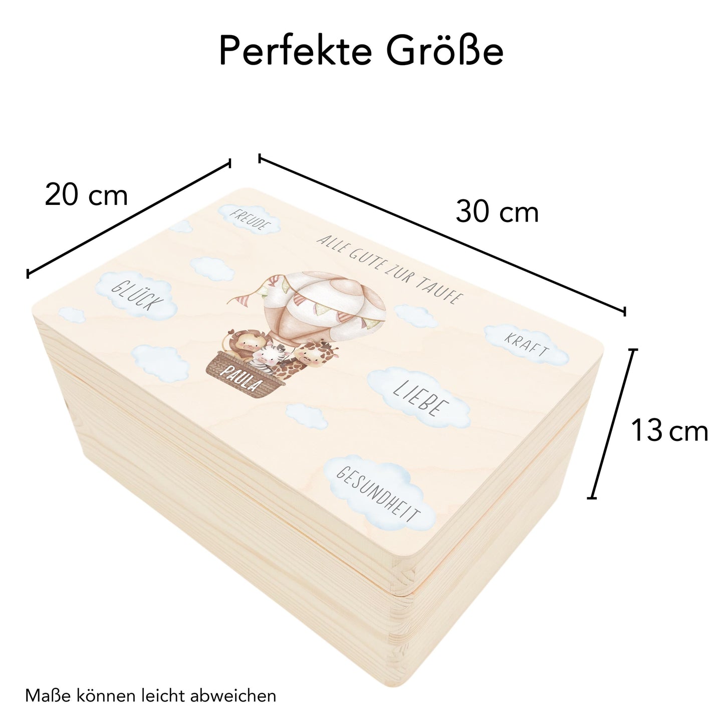 Erinnerungskiste Taufe Geschenk personalisiertes Taufgeschenk Junge Mädchen Heißluftballon Taufbox Holzkiste mit Deckel Holzbox 30x20x13 cm