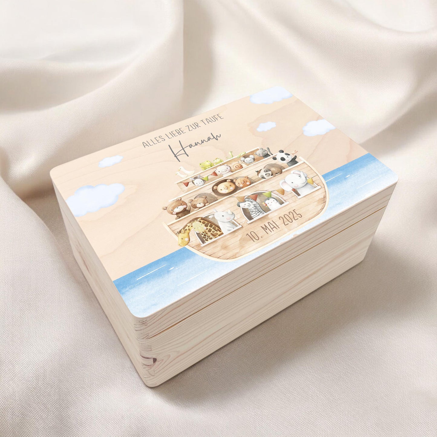 Erinnerungskiste Taufe Geschenk personalisiertes Taufgeschenk Junge Mädchen Arche Noah Taufbox Holzkiste mit Deckel Holzbox 30x20x13 cm
