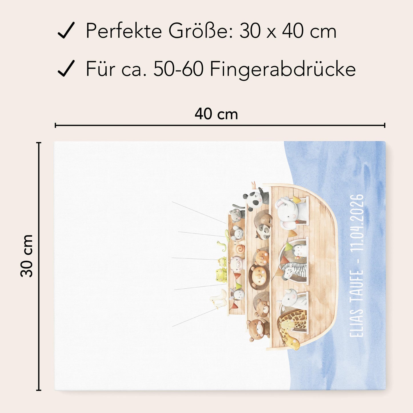 Gästebuch Taufe Gästebild Taufgeschenk personalisierte Leinwand für Fingerabdrücke Arche Noah Geschenk Erinnerung 30x40 cm (OHNE Farbe)