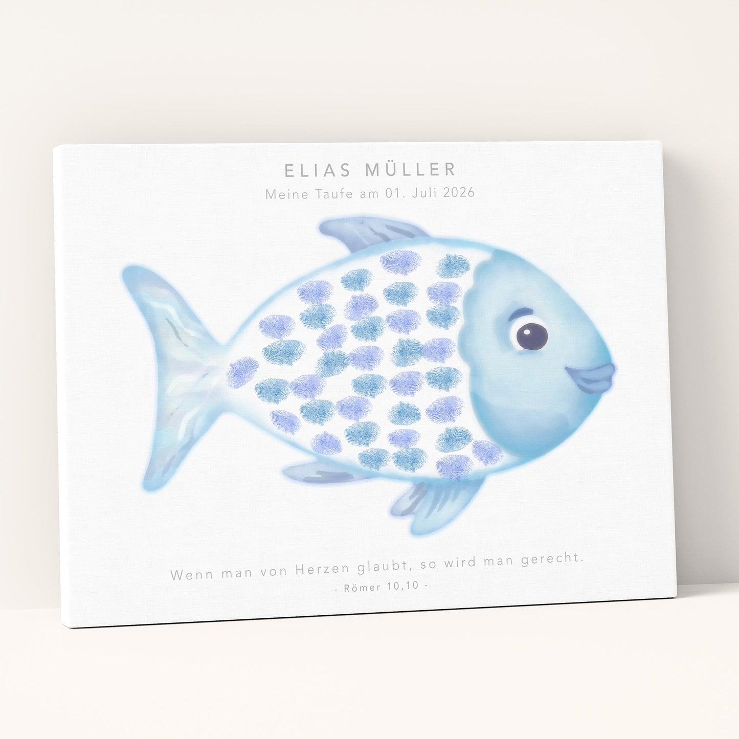 Gästebuch Taufe Gästebild Taufgeschenk personalisierte Leinwand für Fingerabdrücke Fisch Geschenk Erinnerung 30x40 cm (OHNE Farbe)