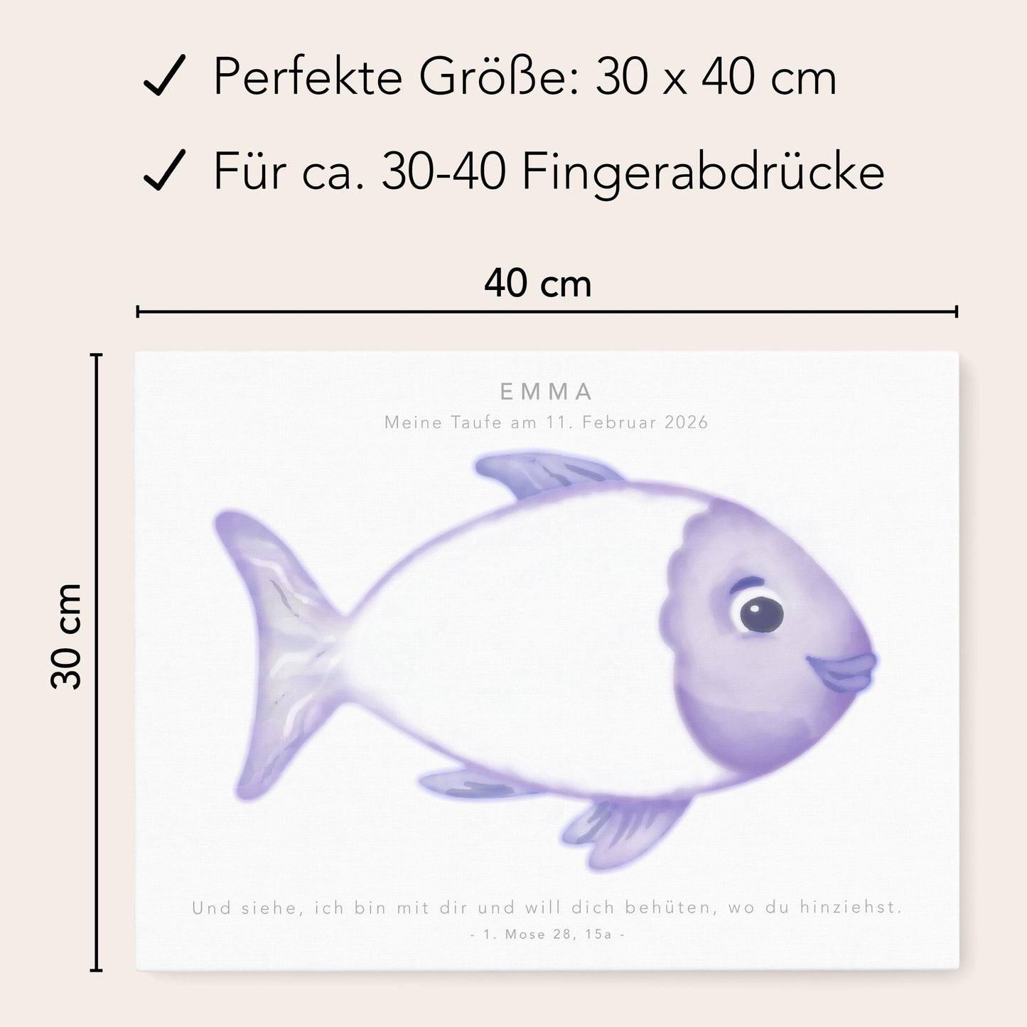 Gästebuch Taufe Gästebild Taufgeschenk personalisierte Leinwand für Fingerabdrücke Fisch Geschenk Erinnerung 30x40 cm (OHNE Farbe)