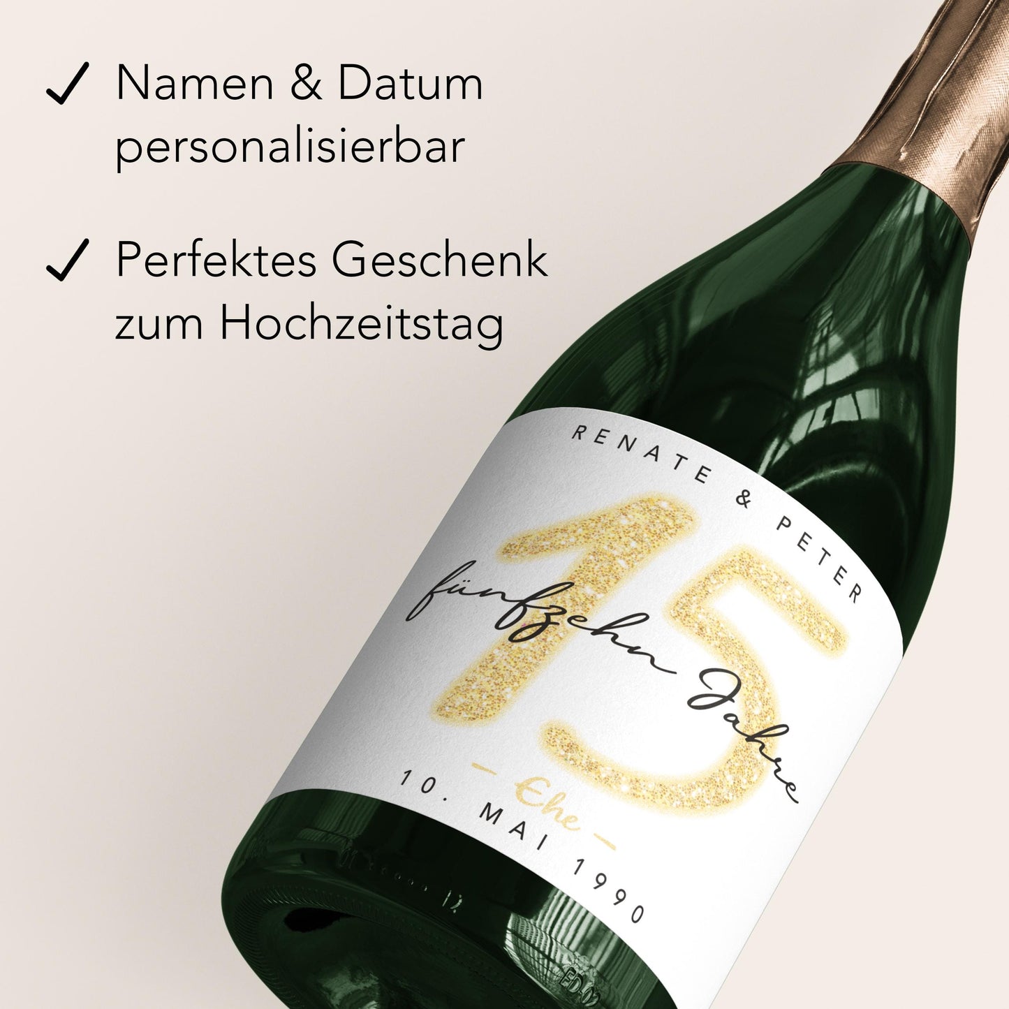 Geschenk Kristallhochzeit personalisierte Flaschenetiketten Hochzeitstag Hochzeit Jubiläum 15 Jahre Etiketten Sektflasche 2 Stk. | 9x13 cm