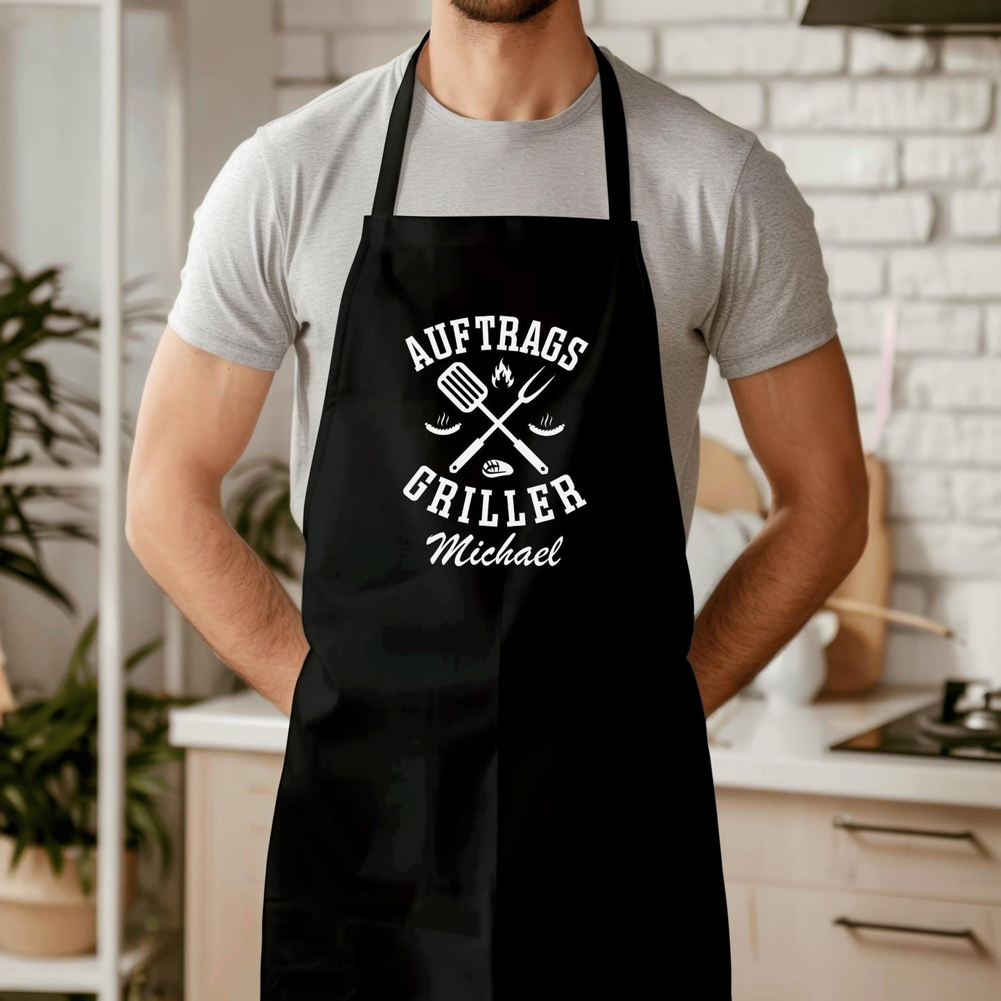 Grillschürze Mann personalisiert Auftragsgriller Kochschürze Herren lustiges Grillzubehör Geschenk Grillgeschenk Männer Schürze Schwarz