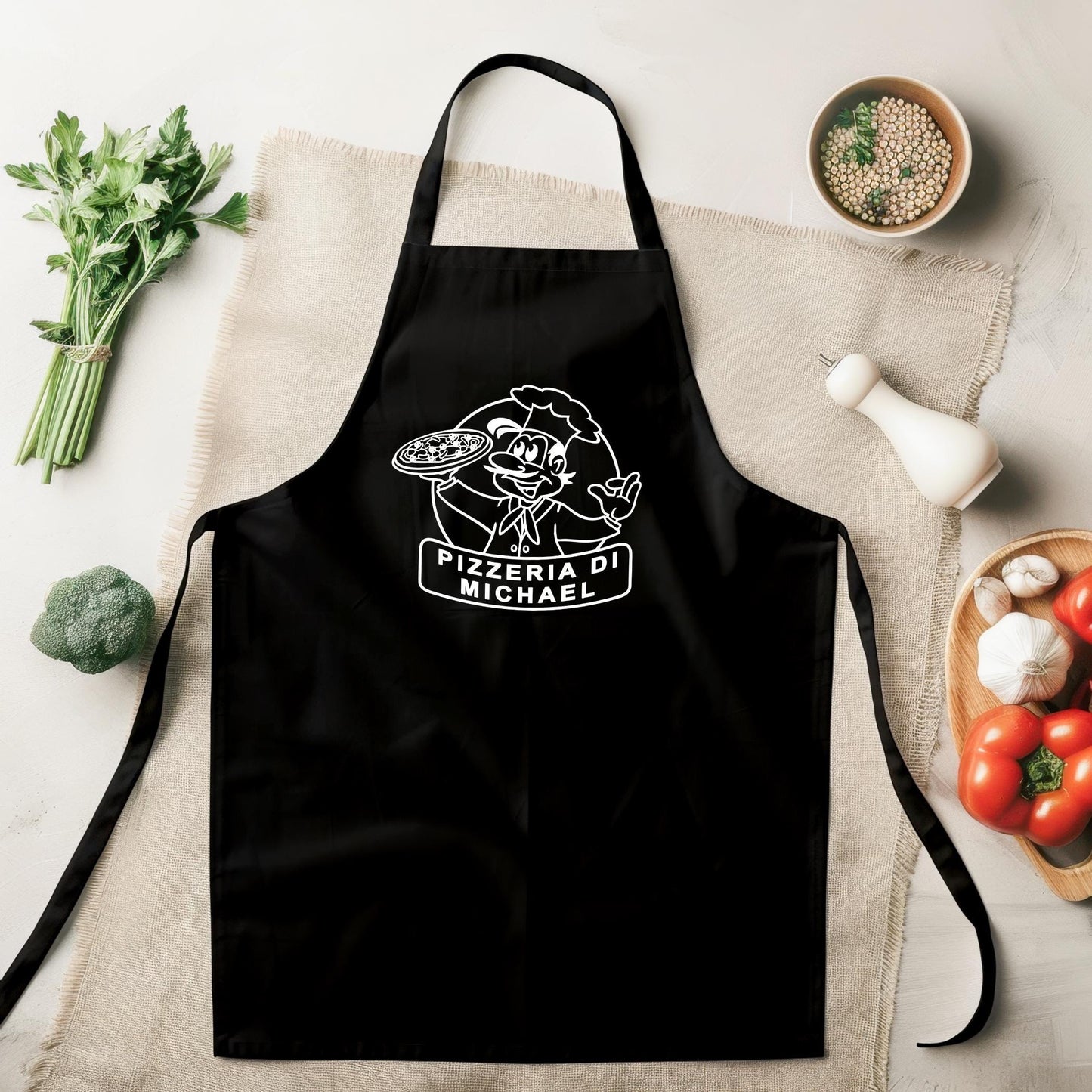 Pizza Schürze personalisierte Pizzabäcker Kochschürze Herren Frauen lustiges Geschenk Pizzeria Küchenschürze Schwarz