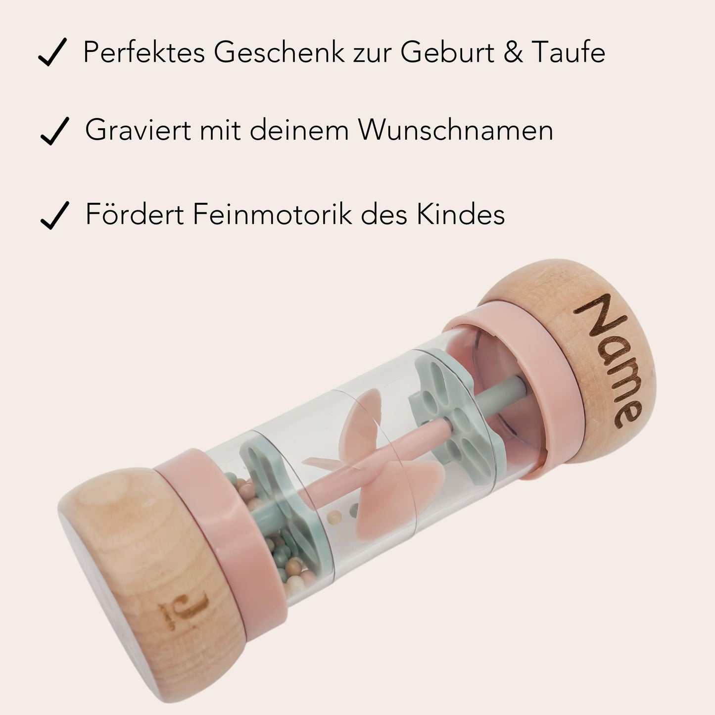 Rassel personalisiert Baby Regenmacher mit Namen Babyspielzeug ab 3 Monate Taufgeschenk für Mädchen Babyrassel Geburtsgeschenk (Rosa)