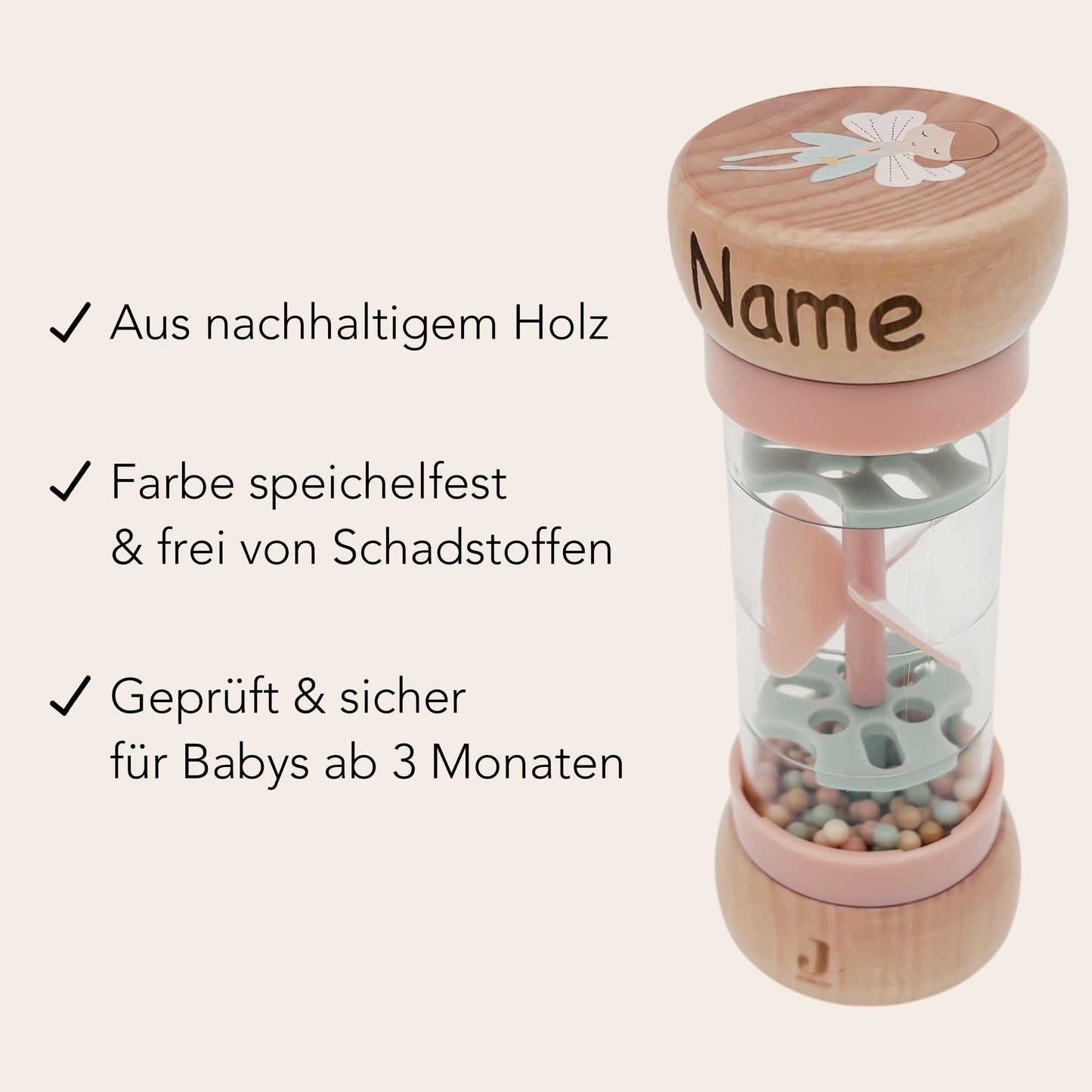 Rassel personalisiert Baby Regenmacher mit Namen Babyspielzeug ab 3 Monate Taufgeschenk für Mädchen Babyrassel Geburtsgeschenk (Rosa)