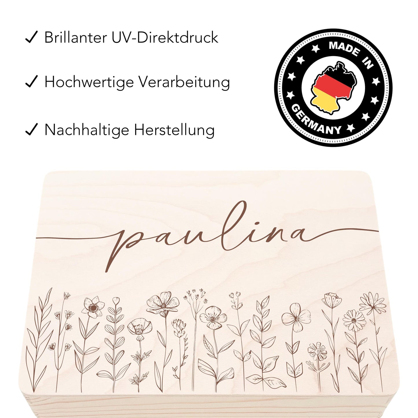 Erinnerungskiste Baby Mädchen Holzkiste personalisierte Erinnerungsbox Wildblumen Geschenk zur Geburt Geburtsgeschenk 30x20x13 cm