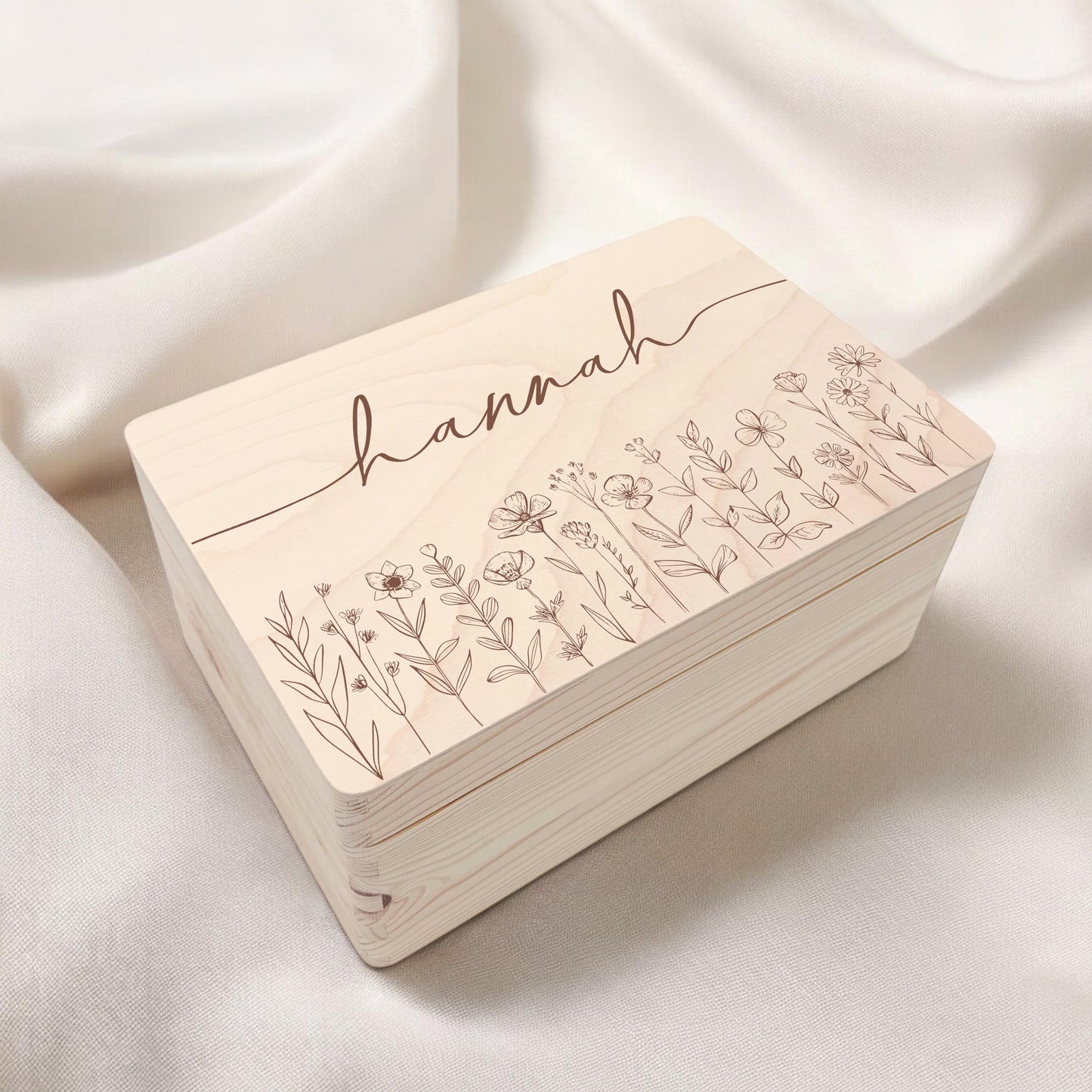 Erinnerungskiste Baby Mädchen Holzkiste personalisierte Erinnerungsbox Wildblumen Geschenk zur Geburt Geburtsgeschenk 30x20x13 cm