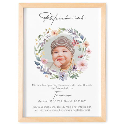 Taufgeschenk Patentante personalisierter Patenbrief Taufe Patenurkunde mit Foto Taufpate Paten Urkunde Taufe Geschenk (mit oder ohne Rahmen)