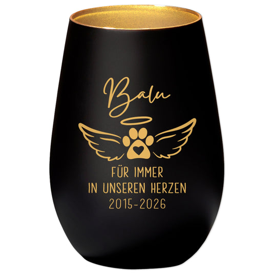 Andenken an verstorbenen Hund Windlicht Trauergeschenk Hunde Trauerlicht personalisiert Trauer Geschenk zur Erinnerung (Schwarz)