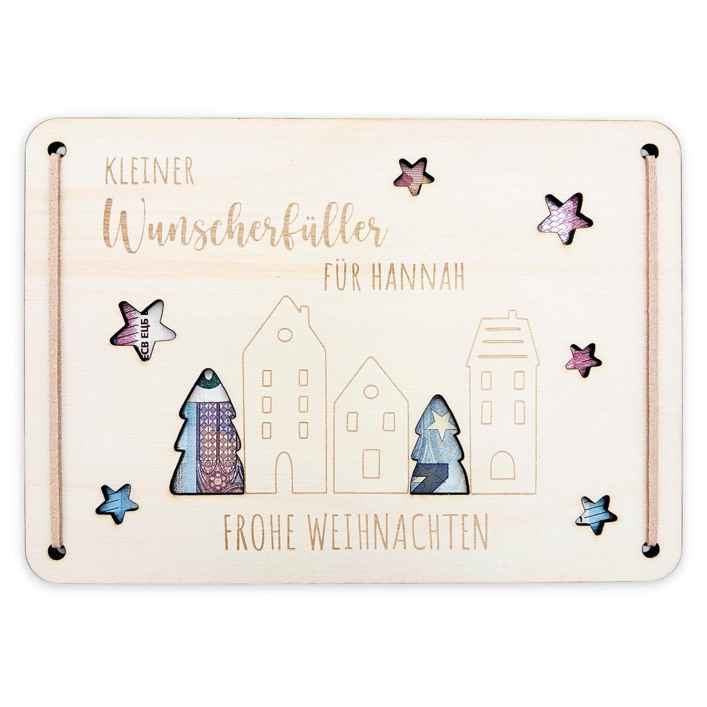 Geldgeschenk Weihnachten Wunscherfüller personalisiert Weihnachtsgeld Verpackung Geschenkkarte Weihnachtskarte aus Holz 12x17 cm