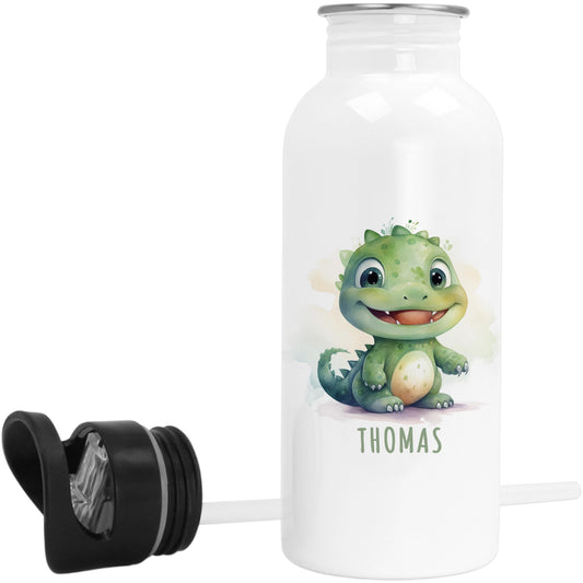 Trinkflasche Kinder personalisiert mit Namen Dino Edelstahl Flasche mit Strohhalm Wasserflasche für Schule Kindergarten 600 ml