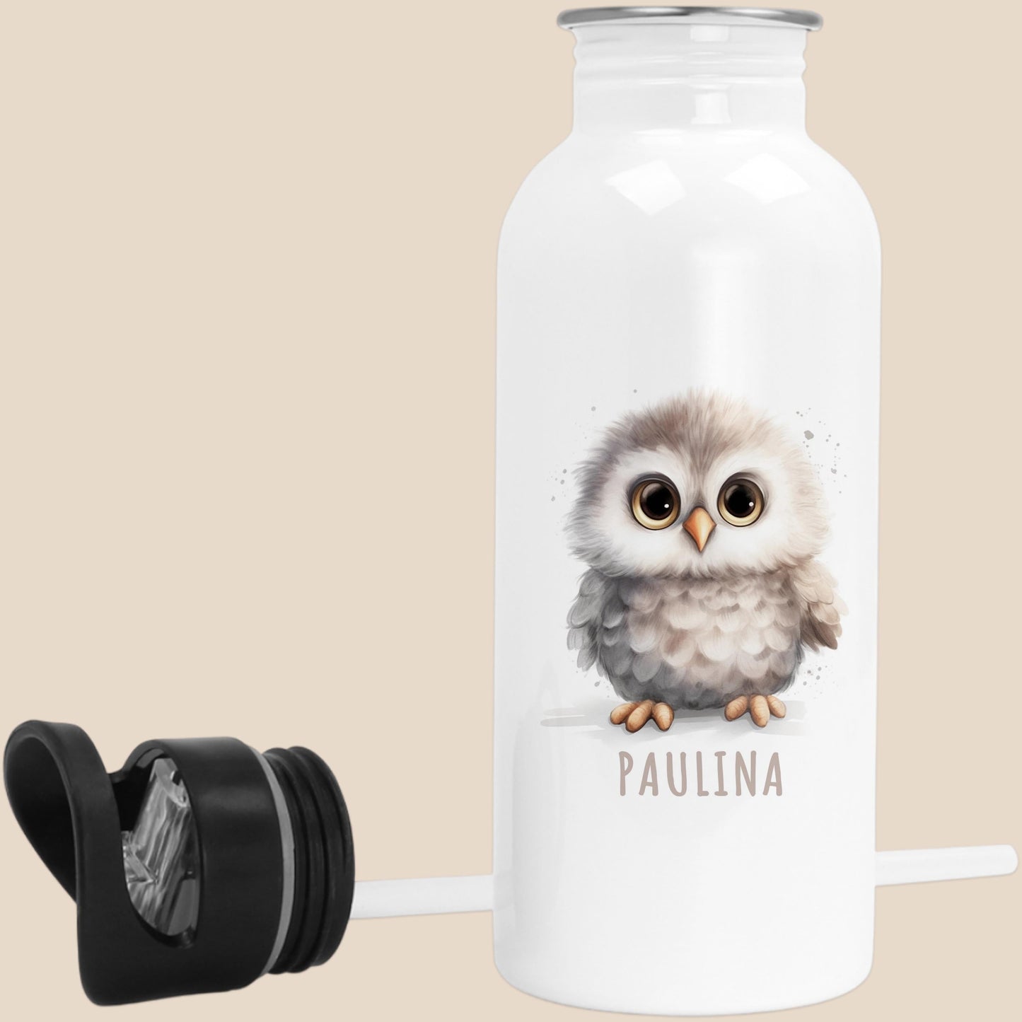 Trinkflasche Kinder personalisiert mit Namen Eule Edelstahl Flasche mit Strohhalm Wasserflasche für Schule Kindergarten 600 ml