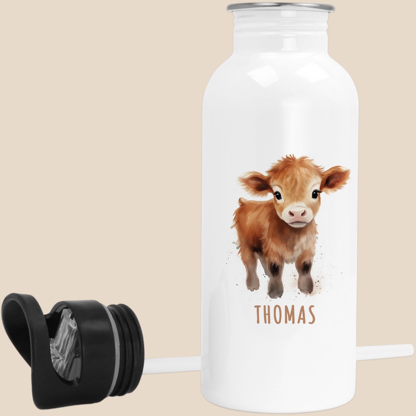 Trinkflasche Kinder personalisiert mit Namen Kuh Edelstahl Flasche mit Strohhalm Wasserflasche für Schule Kindergarten 600 ml