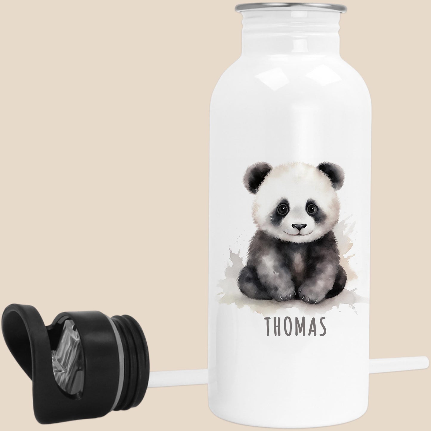 Trinkflasche Kinder personalisiert mit Namen Panda Edelstahl Flasche mit Strohhalm Wasserflasche für Schule Kindergarten 600 ml