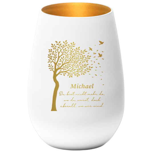 Trauerlicht Trauerkerze personalisiert Windlicht mit Gravur aus Glas Trauer Geschenk Trauergeschenk Verstorbene Erinnerung (Weiß)