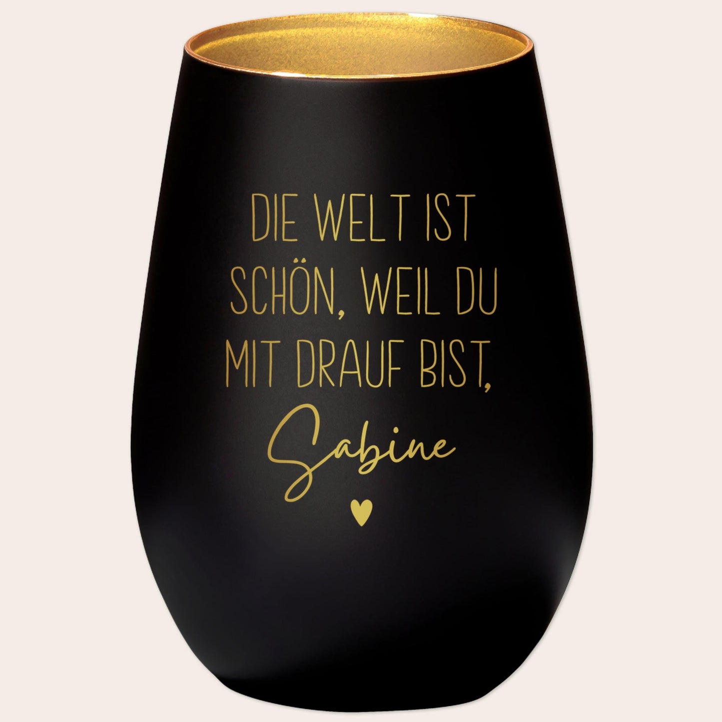 Die Welt ist schön Weil du mit Drauf bist Windlicht personalisiert Geschenk Freundin Frau Teelicht Kerzenglas mit Gravur (Schwarz)