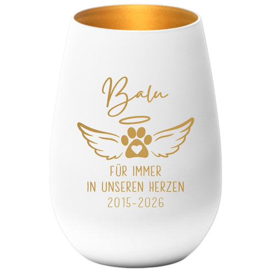 Andenken an verstorbenen Hund Windlicht Trauergeschenk Hunde Trauerlicht personalisiert Trauer Geschenk zur Erinnerung (Weiß)