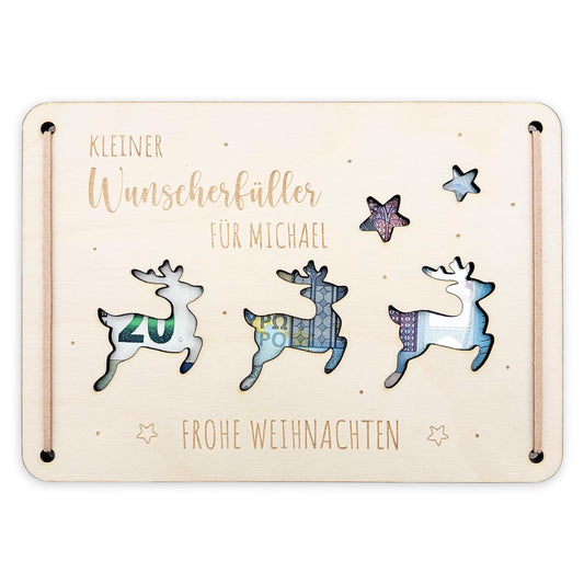 Geldgeschenk Weihnachten personalisiert Weihnachtsgeld Verpackung Wunscherfüller Geschenkkarte Weihnachtskarte aus Holz 12x17 cm