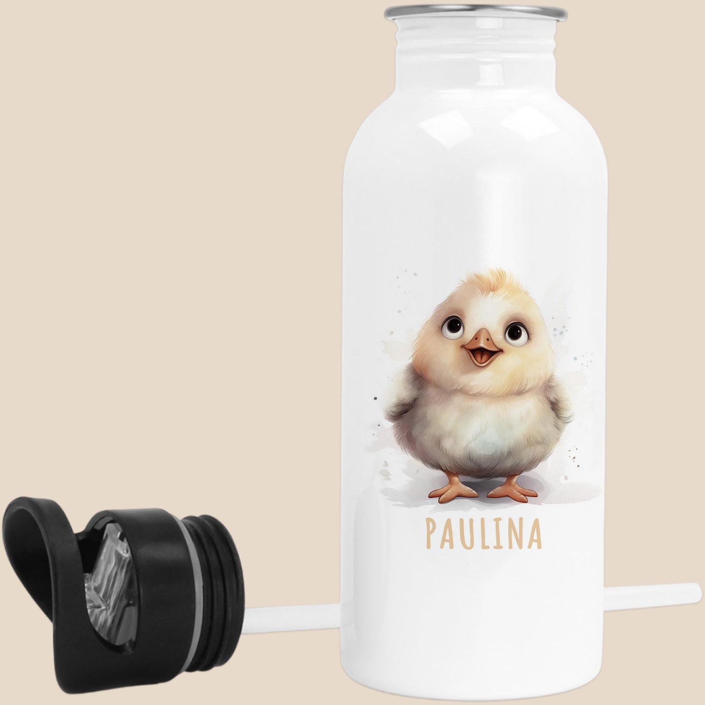 Trinkflasche Kinder personalisiert mit Namen Huhn Edelstahl Flasche mit Strohhalm Wasserflasche für Schule Kindergarten 600 ml