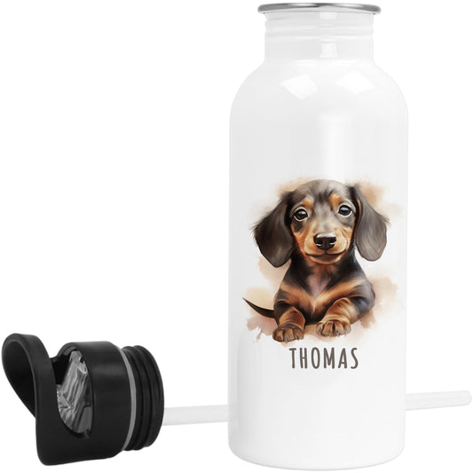 Trinkflasche Kinder personalisiert mit Namen Dackel Edelstahl Flasche mit Strohhalm Wasserflasche für Schule Kindergarten 600 ml