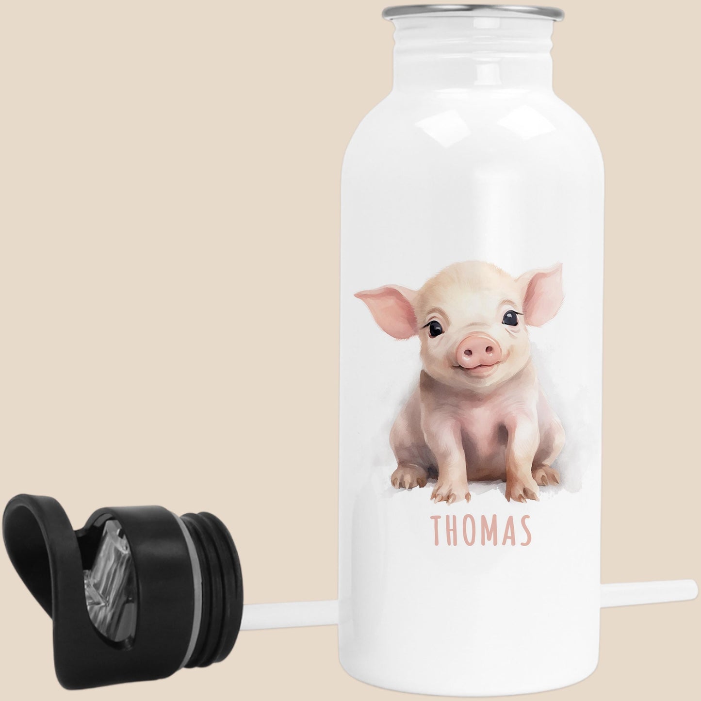Trinkflasche Kinder personalisiert mit Namen Schwein Edelstahl Flasche mit Strohhalm Wasserflasche für Schule Kindergarten 600 ml