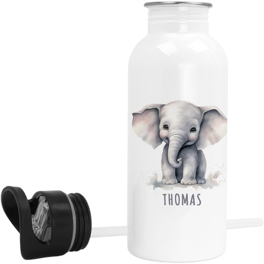Trinkflasche Kinder personalisiert mit Namen Elefant Edelstahl Flasche mit Strohhalm Wasserflasche für Schule Kindergarten 600 ml