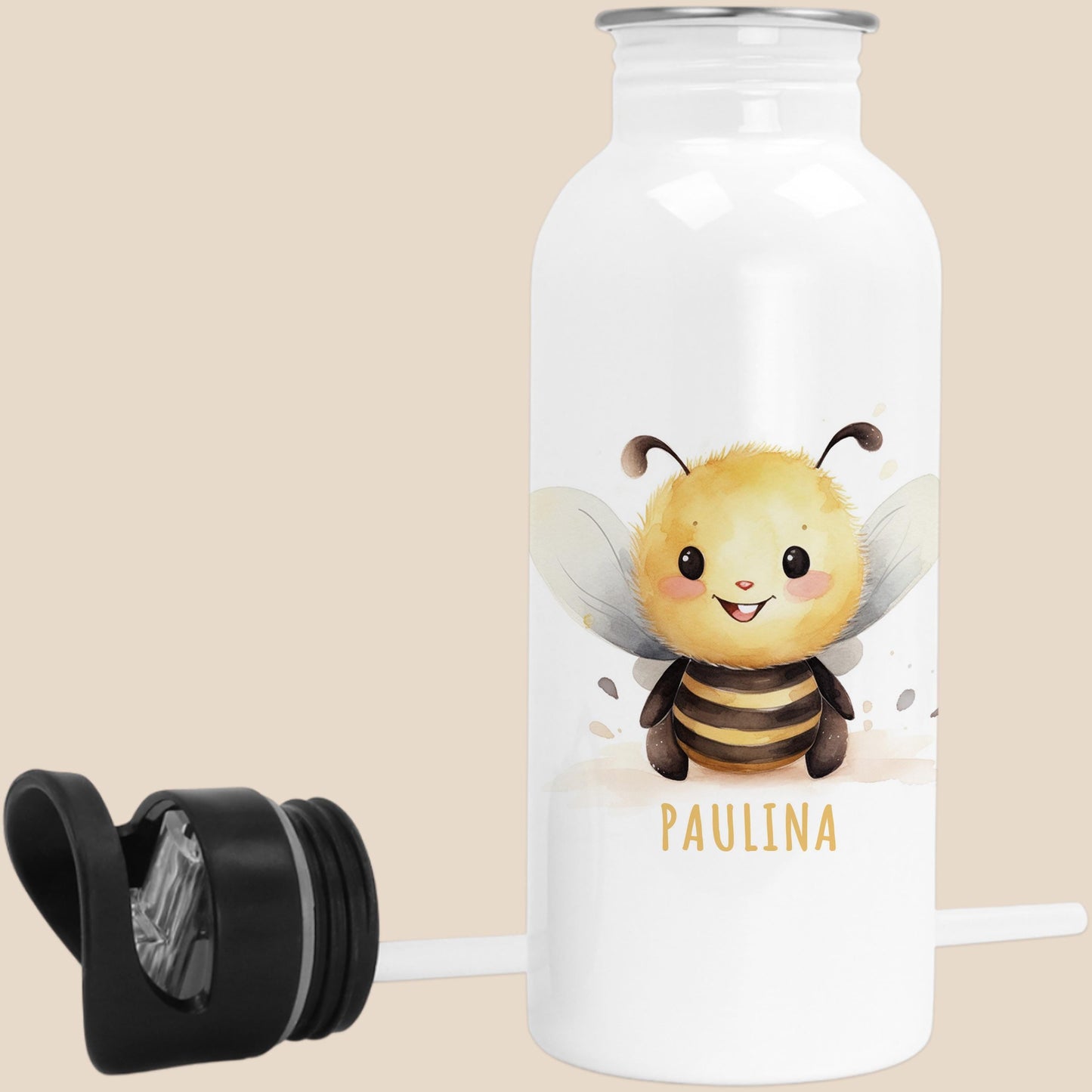 Trinkflasche Kinder personalisiert mit Namen Biene Edelstahl Flasche mit Strohhalm Wasserflasche für Schule Kindergarten 600 ml