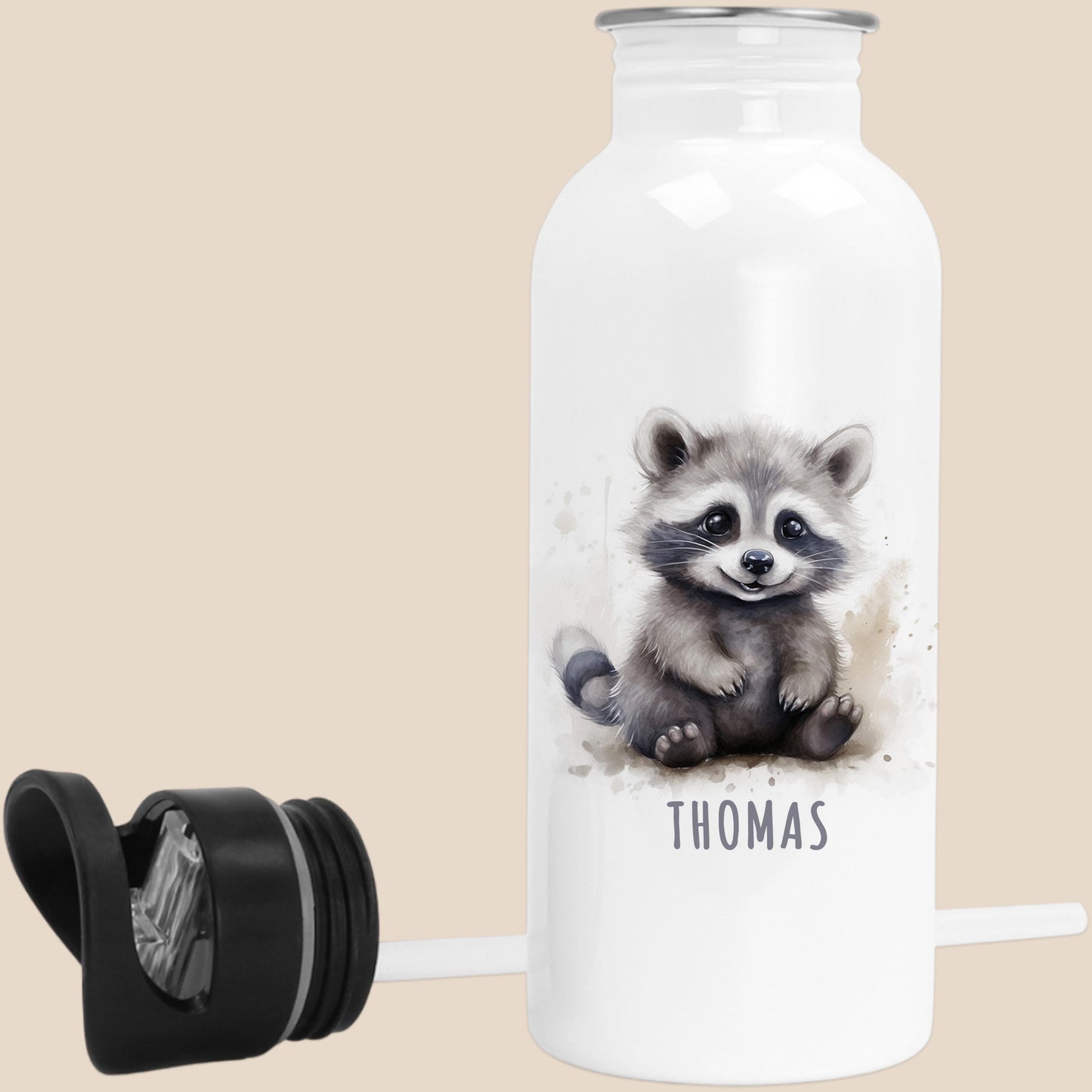 Trinkflasche Kinder personalisiert mit Namen Waschbär Edelstahl Flasche mit Strohhalm Wasserflasche für Schule Kindergarten 600 ml