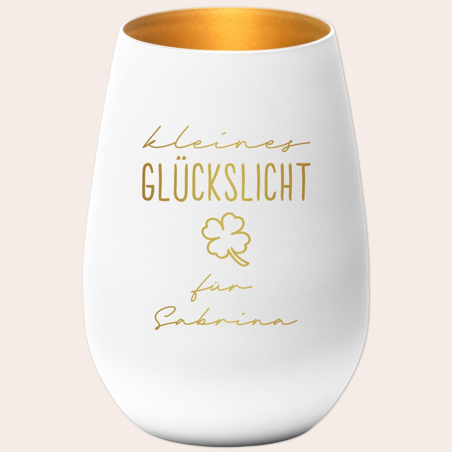Glückslicht personalisiert Windlicht Glas mit Gravur für Teelicht Kerzenglas Glückskerze Glücksbringer Geschenk (Weiß)
