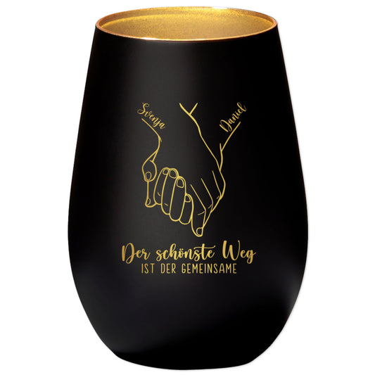 Verlobungsgeschenk Kerze personalisiert Windlicht Glas mit Gravur Hochzeitsgeschenk für Brautpaar Hochzeit Geschenk Kleinigkeit (Schwarz)