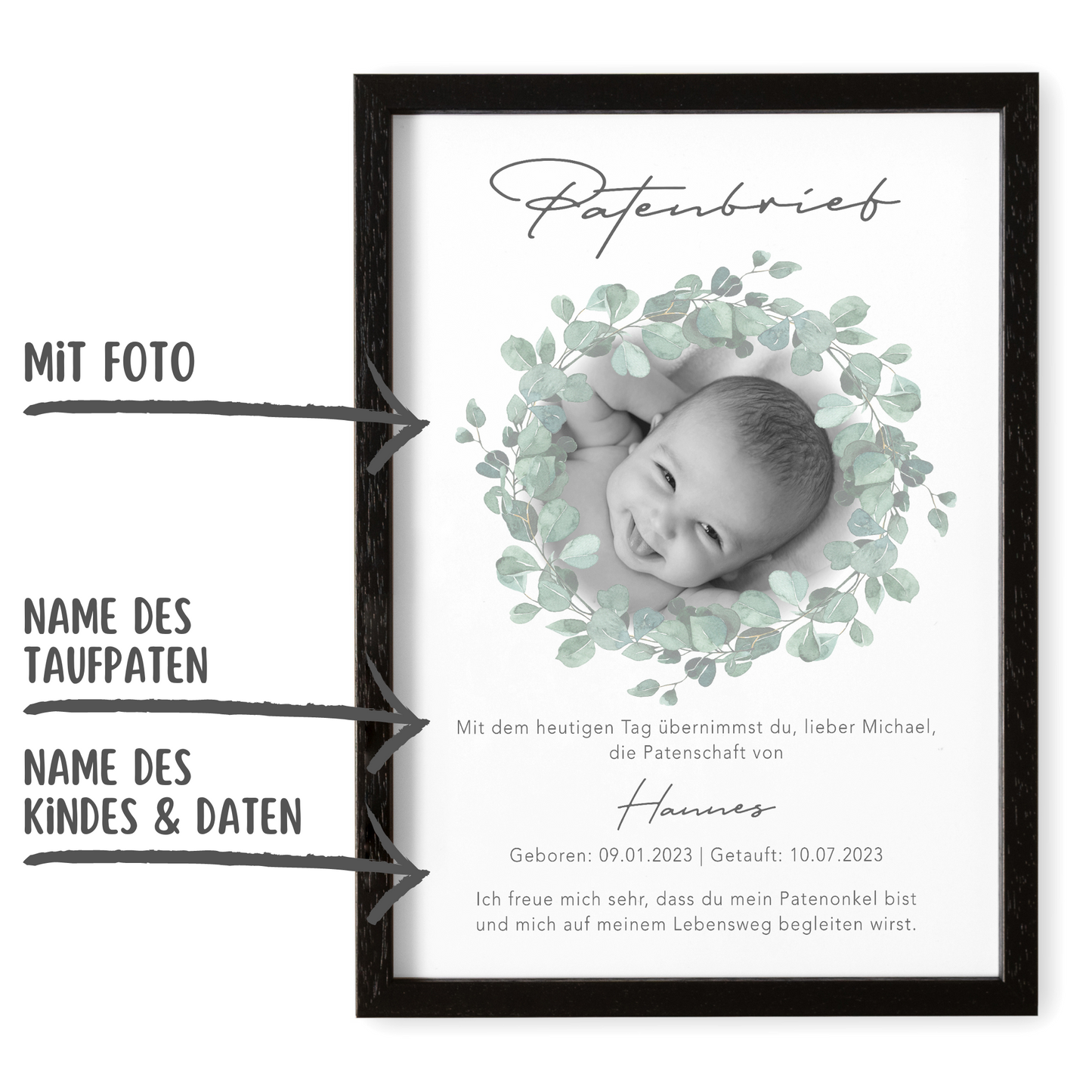 Patenbrief für Taufpaten personalisierte Patenurkunde mit Foto Geschenk für Patentante Patenonkel zur Taufe Taufgeschenk Paten (mit und ohne Rahmen)